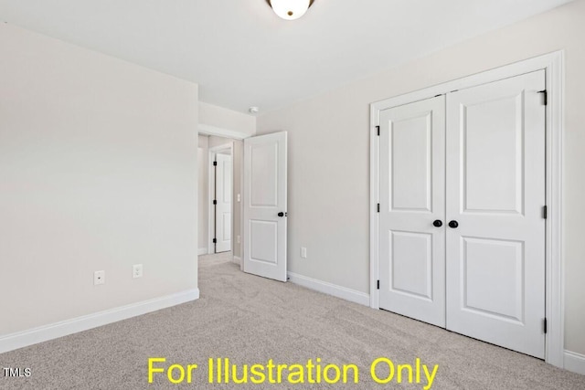 unfurnished bedroom with light carpet and a closet