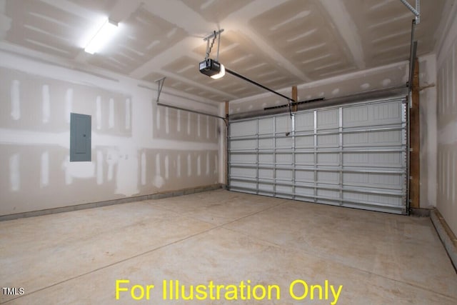 garage with electric panel and a garage door opener