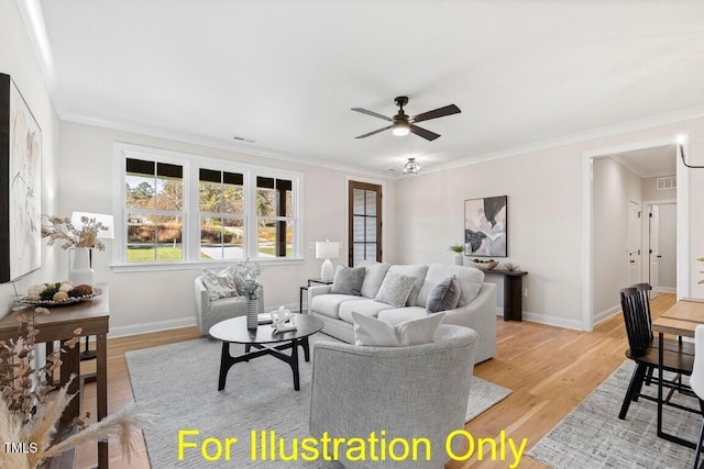 living room featuring light hardwood / wood-style flooring, ceiling fan, and ornamental molding