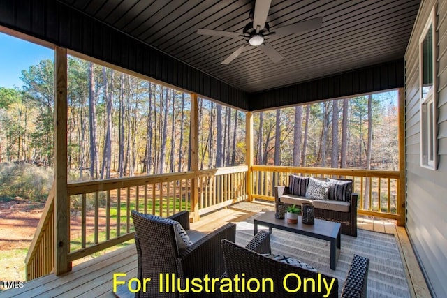 sunroom / solarium with ceiling fan, plenty of natural light, and wooden ceiling