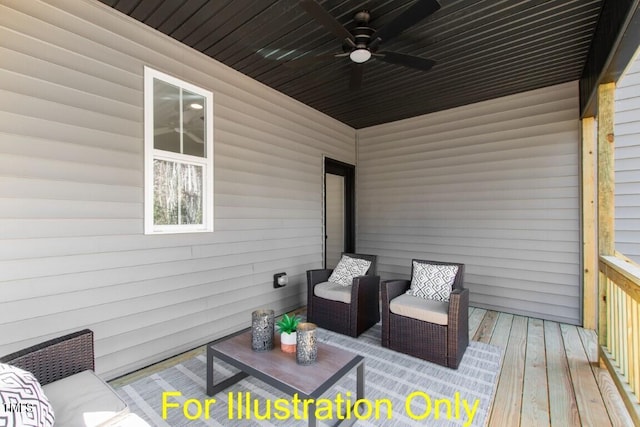 wooden terrace featuring ceiling fan