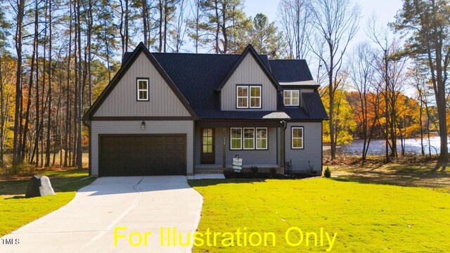 212 Rawhide Dr, Louisburg, NC 27549 - modern farmhouse featuring driveway, an attached garage, a water view, and a front yard