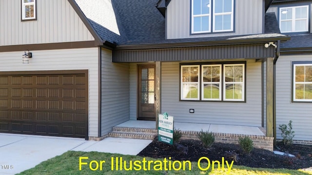 entrance to property featuring a porch and a garage