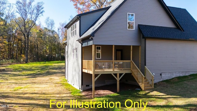 212 Rawhide Dr, Louisburg, NC 27549 - back of house with a lawn, crawl space, a shingled roof, and a wooden deck