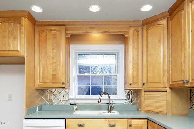 kitchen featuring tasteful backsplash, sink, and white dishwasher