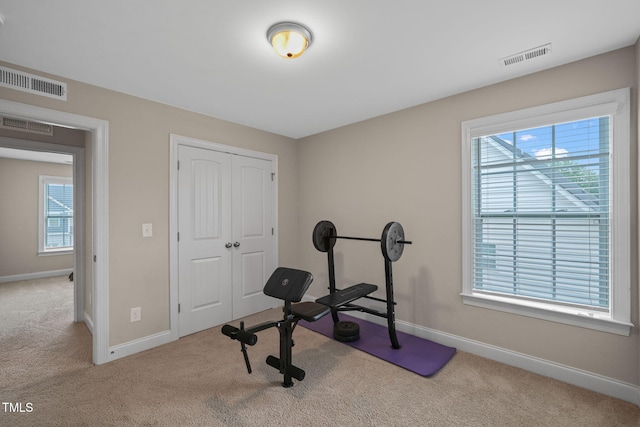 workout room with carpet floors and a healthy amount of sunlight