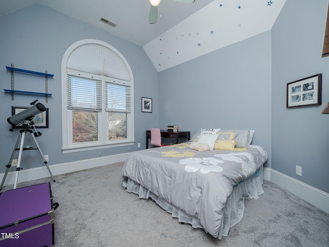 bedroom featuring baseboards, visible vents, vaulted ceiling, and carpet flooring