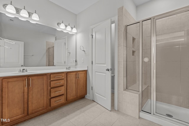 bathroom featuring tile patterned flooring, vanity, and walk in shower