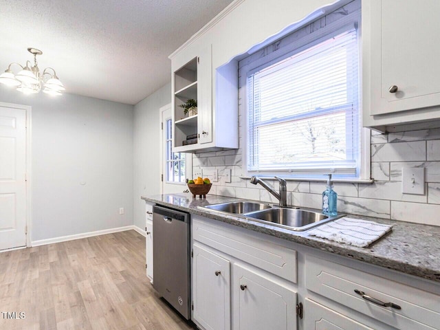 kitchen with sink, white cabinetry, backsplash, hanging light fixtures, and stainless steel dishwasher