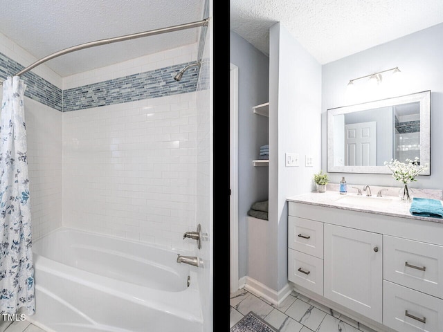 bathroom with vanity, shower / tub combo, and a textured ceiling