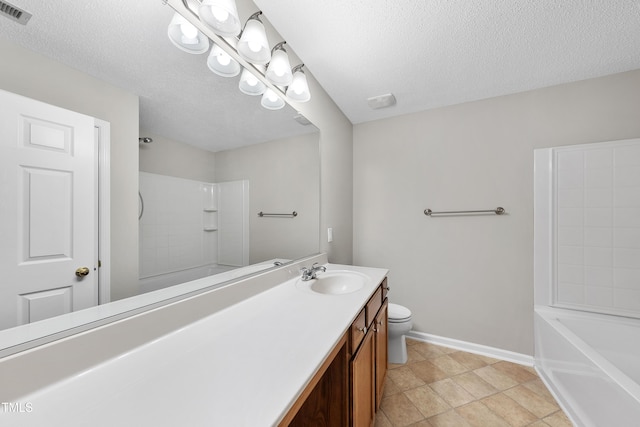 full bathroom featuring vanity, a textured ceiling, shower / washtub combination, tile patterned flooring, and toilet