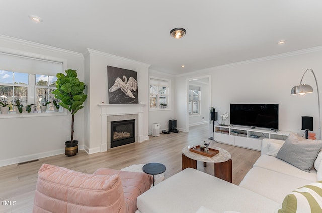 living room with crown molding and light hardwood / wood-style flooring