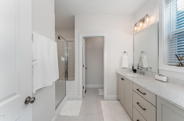 bathroom with tile patterned floors, vanity, and an enclosed shower