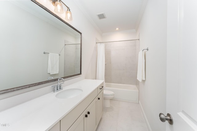 full bathroom featuring vanity, toilet, crown molding, and shower / tub combo with curtain