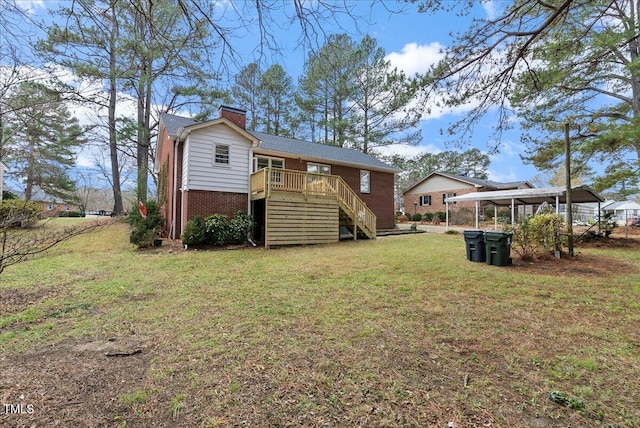 303 Forest Rd, Oxford, NC 27565 - rear view of house featuring stairway, brick siding, a lawn, a chimney, and a wooden deck