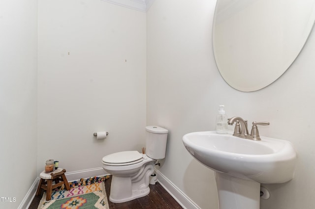 bathroom with toilet, wood-type flooring, and sink