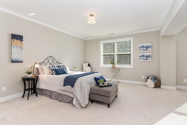 carpeted bedroom featuring ornamental molding