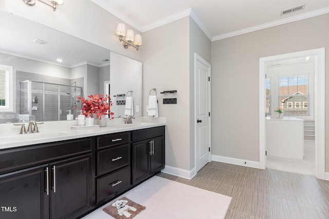 bathroom featuring vanity, a shower with shower door, and ornamental molding