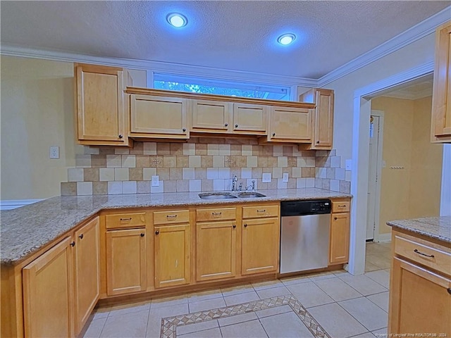 kitchen featuring stainless steel dishwasher, light tile patterned flooring, crown molding, and sink