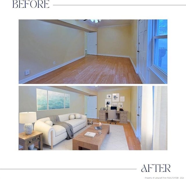 living room with beam ceiling and light hardwood / wood-style flooring