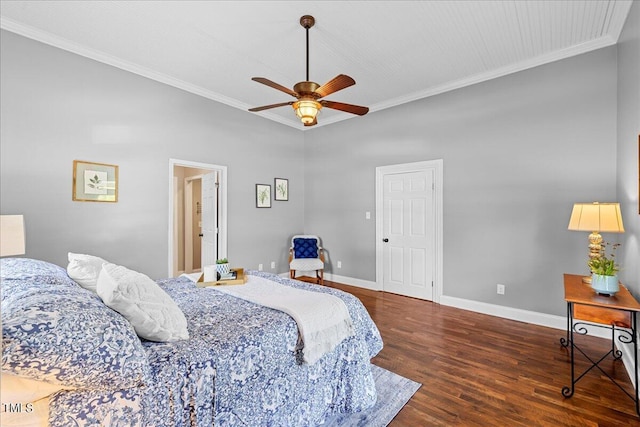 bedroom with ceiling fan, dark wood-type flooring, and crown molding