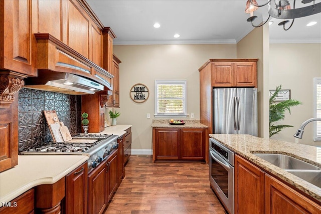 kitchen featuring stainless steel appliances, ornamental molding, dark wood-type flooring, sink, and tasteful backsplash