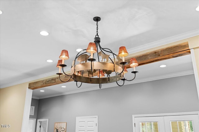 room details featuring french doors, crown molding, and a chandelier