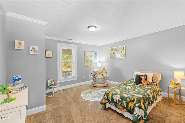 carpeted bedroom with ornamental molding