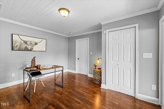 office featuring ornamental molding and dark hardwood / wood-style floors