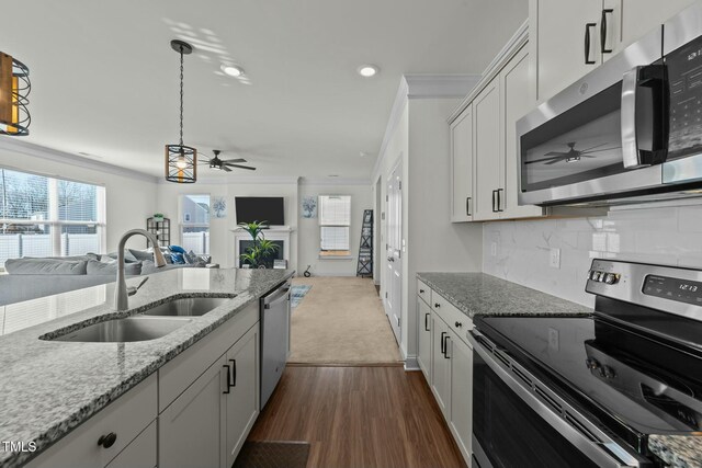 kitchen with sink, stainless steel appliances, dark hardwood / wood-style flooring, white cabinets, and ornamental molding