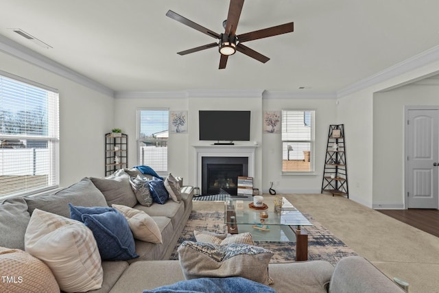 living room with wood-type flooring, a wealth of natural light, ornamental molding, and ceiling fan