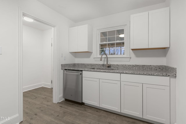 kitchen with white cabinets, dishwasher, dark hardwood / wood-style floors, and sink