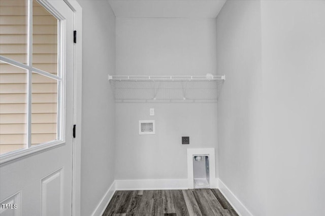 clothes washing area featuring hookup for a washing machine, electric dryer hookup, and hardwood / wood-style floors