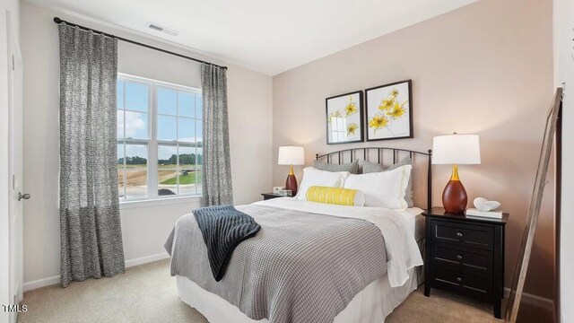 bedroom with multiple windows and light carpet