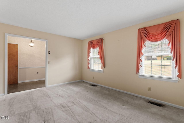 spare room with a textured ceiling, light colored carpet, and a healthy amount of sunlight