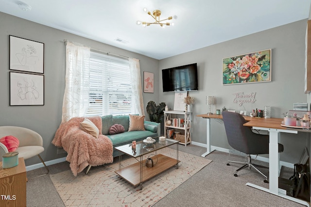 office space with light carpet and a notable chandelier