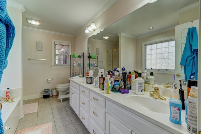 full bathroom with vanity, tile patterned floors, crown molding, toilet, and shower with separate bathtub