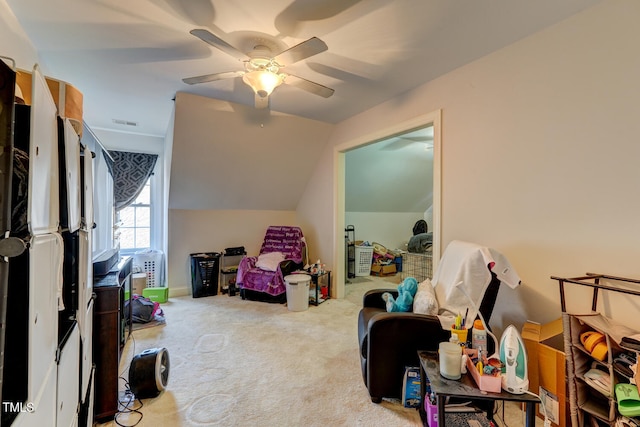 additional living space featuring lofted ceiling, ceiling fan, and carpet floors