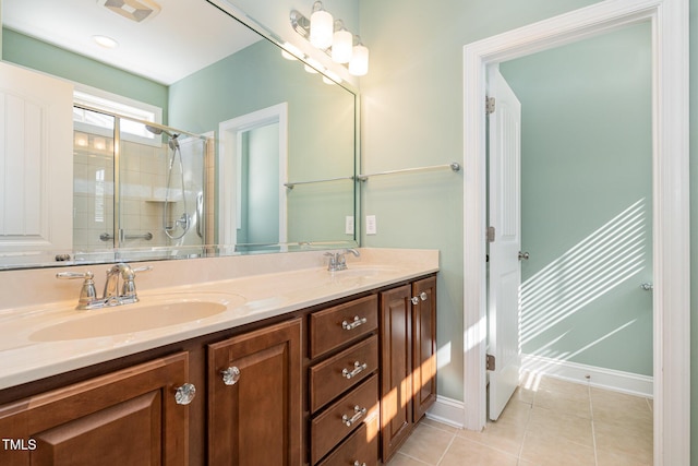 bathroom featuring tile patterned floors, vanity, and walk in shower