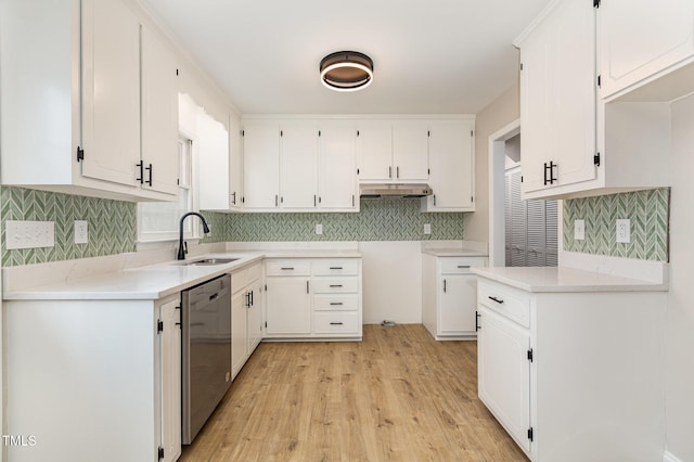 kitchen featuring stainless steel dishwasher, light hardwood / wood-style floors, white cabinetry, and sink