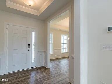 foyer with dark wood-style floors, a tray ceiling, a wainscoted wall, and ornamental molding