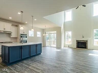 kitchen featuring white cabinets, a center island with sink, ceiling fan, decorative light fixtures, and wood-type flooring