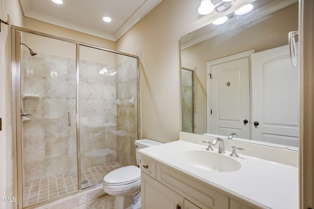 bathroom with tile patterned floors, ornamental molding, toilet, walk in shower, and vanity