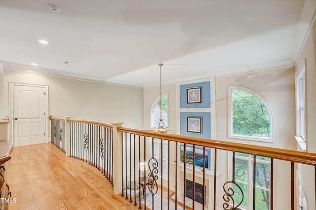 hallway with light hardwood / wood-style flooring and ornamental molding