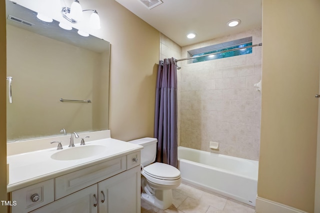 full bathroom featuring vanity, toilet, shower / bath combo, and tile patterned flooring