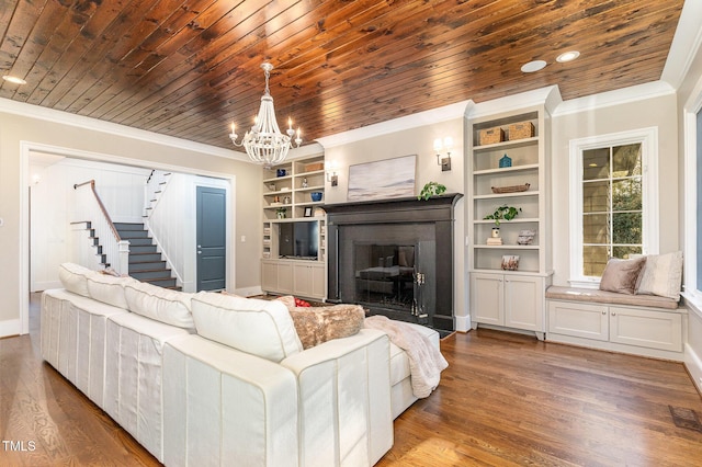 living room with wood ceiling, crown molding, and wood-type flooring