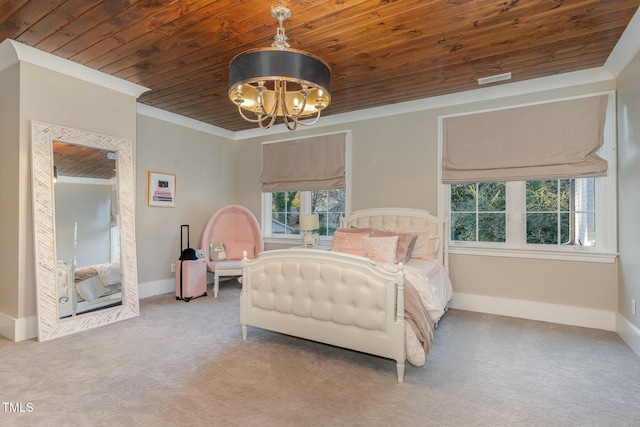 carpeted bedroom with ornamental molding, wood ceiling, and an inviting chandelier