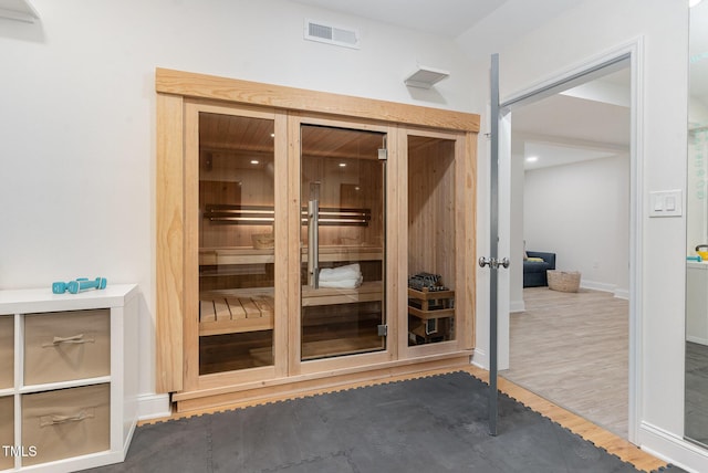 view of sauna with wood-type flooring