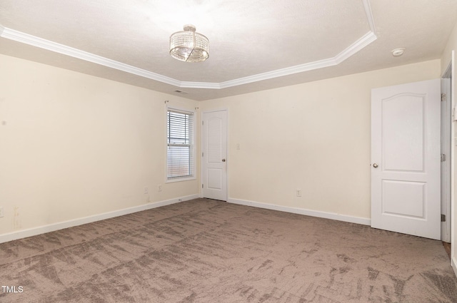 spare room featuring carpet flooring, crown molding, and a tray ceiling