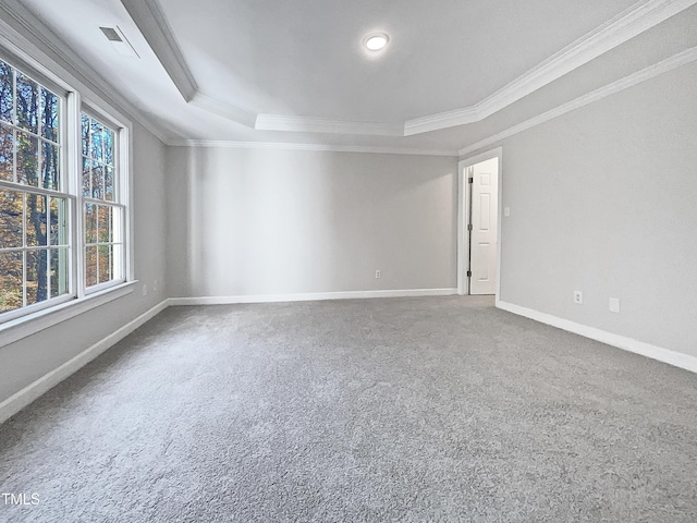 unfurnished room with carpet flooring, a raised ceiling, and ornamental molding